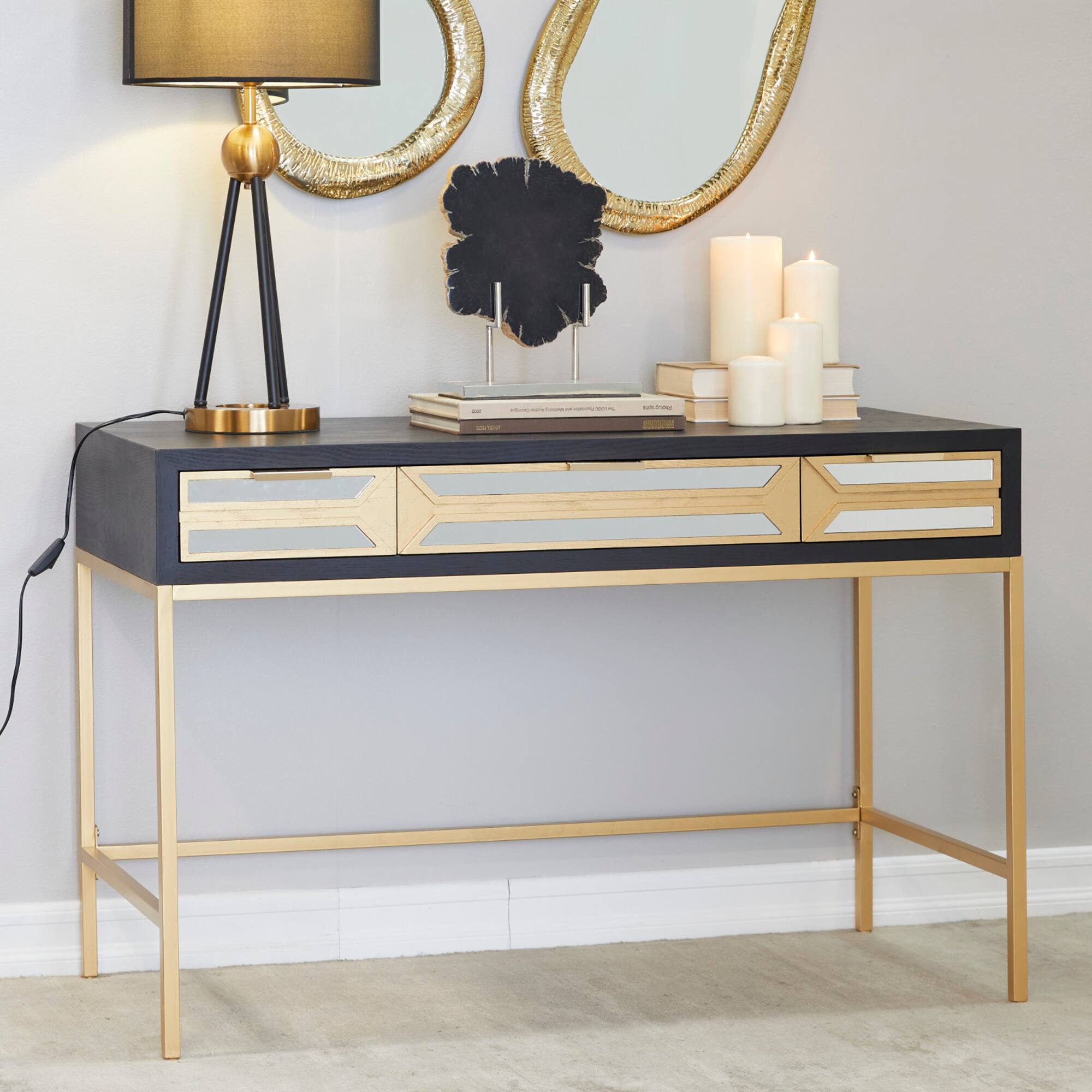 Black Wood Glam Desk, 46" x 20" x 30"
